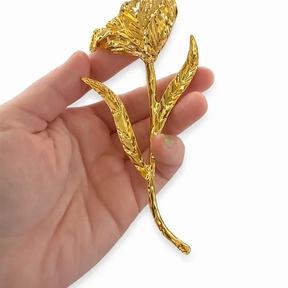 Gold Tone Tulip Flower Brooch Pin – Large Statement Floral Pin - Picture 3 of 5